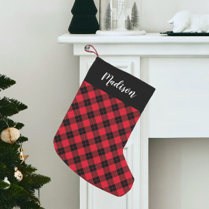 Elegant Red and Black Plaid Personalised Small Christmas Stocking