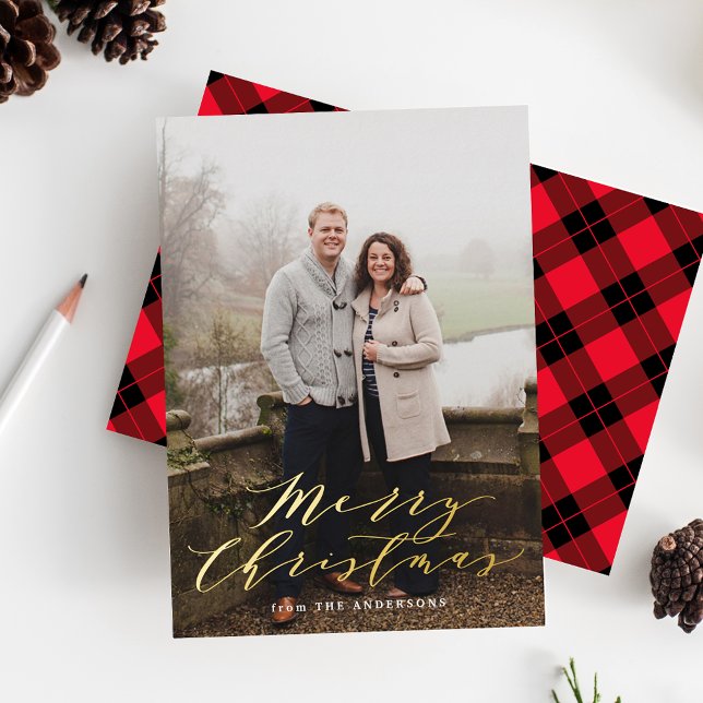 Elegant Red and Black Plaid Photo Foil Holiday Card (Creator Uploaded)
