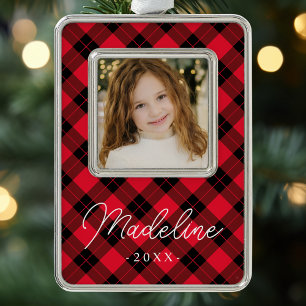 Elegant Red and Black Plaid Photo Silver Plated Framed Ornament