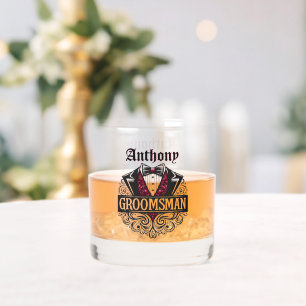 Elegant Red and Black Tuxedo Bowtie Groomsmen Whiskey Glass