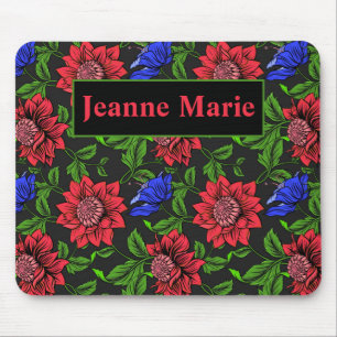 Elegant Red And Blue Flower Black Background Mouse Pad