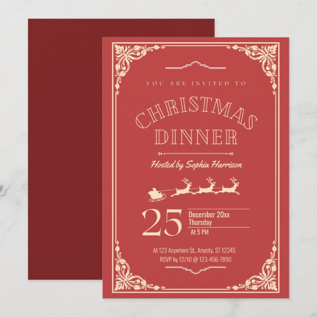 Elegant Red and Cream Detail Christmas Dinner  Invitation (Front/Back)