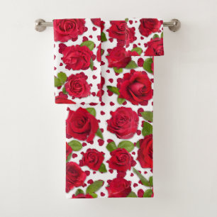 Elegant Red And Dark Pink Floral Roses Pattern Bath Towel Set