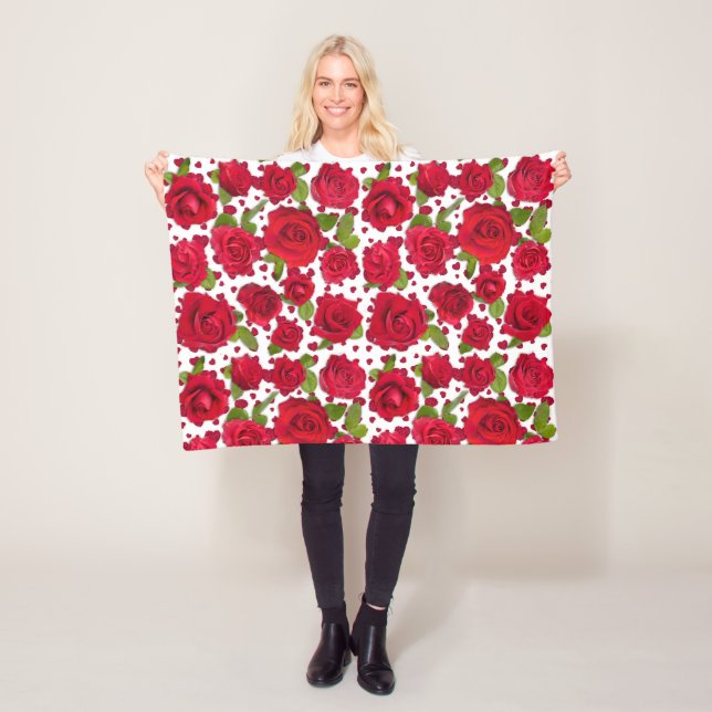 Elegant Red And Dark Pink Floral Roses Pattern Fleece Blanket (In Situ)