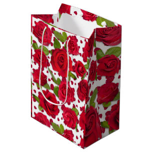 Elegant Red And Dark Pink Floral Roses Pattern Medium Gift Bag