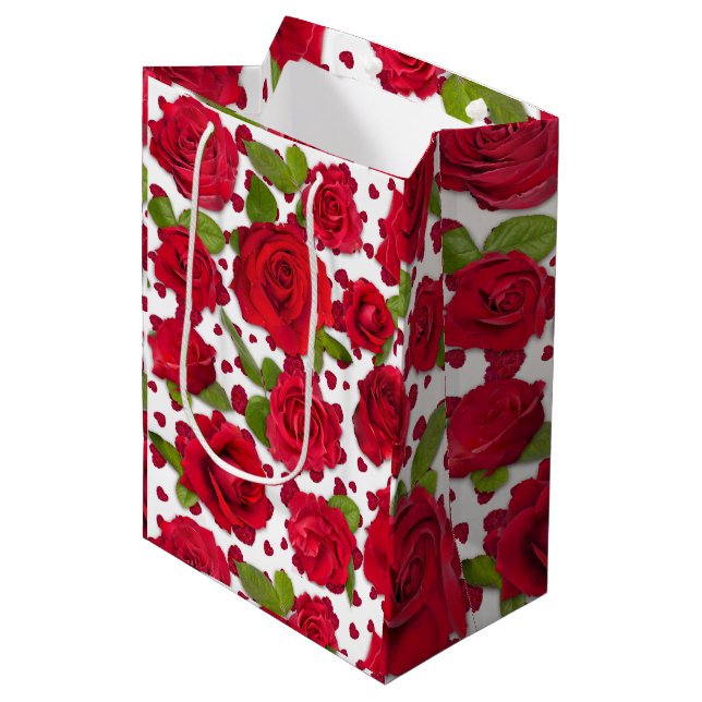 Elegant Red And Dark Pink Floral Roses Pattern Medium Gift Bag (Front Angled)