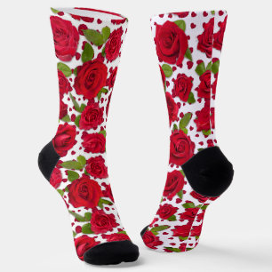Elegant Red And Dark Pink Floral Roses Pattern Socks