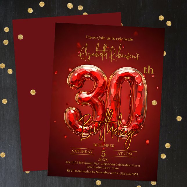 Elegant Red and Gold 30th Birthday Celebration Invitation (Creator Uploaded)