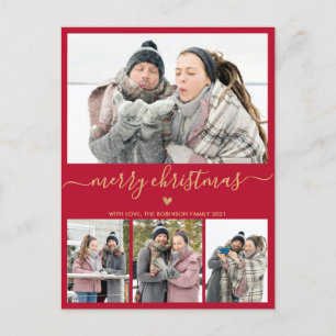Elegant Red and Gold 4 Photo Collage Christmas Postcard