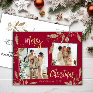 Elegant Red and Gold Botanical 2 Photo Christmas Postcard