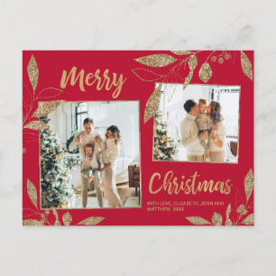 Elegant Red and Gold Botanical 2 Photo Christmas Postcard