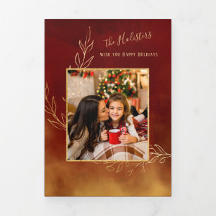 Elegant Red and Gold Botanical Holiday Photo Tri-Fold Card