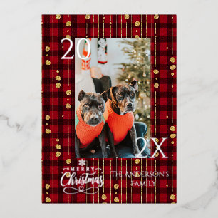 Elegant Red and Gold Buffalo Plaid Christmas Foil Holiday Card