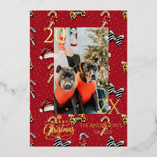 Elegant Red and Gold Buffalo Plaid Christmas Foil Holiday Card