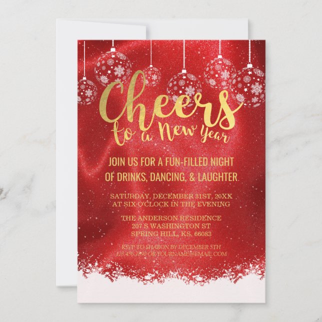Elegant Red and Gold Cheers New Year's Eve Party Invitation (Front)