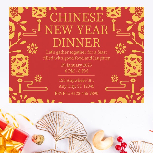 Elegant Red and Gold Chinese New Year Dinner Invitation (Creator Uploaded)