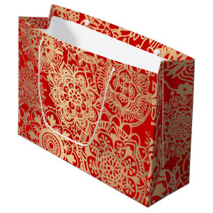 Elegant Red and Gold Christmas Mandala Pattern Large Gift Bag