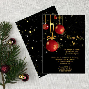 Elegant Red and Gold Christmas on Black Party Invitation