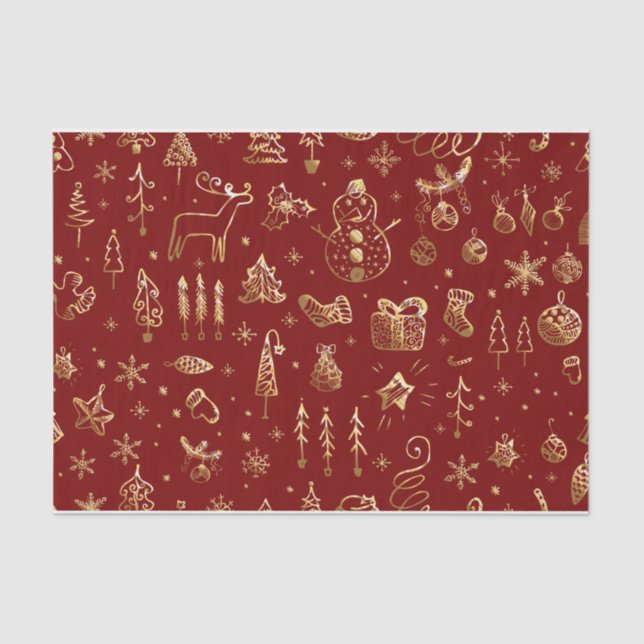 Elegant Red and Gold Christmas Pattern Wrapping  Tissue Paper (Front)