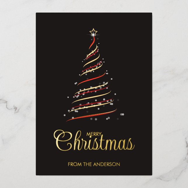 Elegant  Red and Gold Christmas Tree Gold  Foil Holiday Card (Front)
