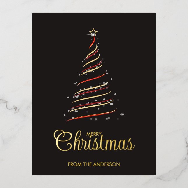 Elegant  Red and Gold Christmas Tree Gold  Foil Holiday Postcard (Front)