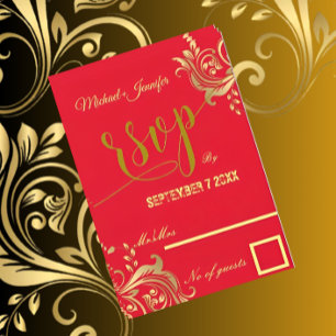 Elegant Red And Gold Custom Design Wedding RSVP Card