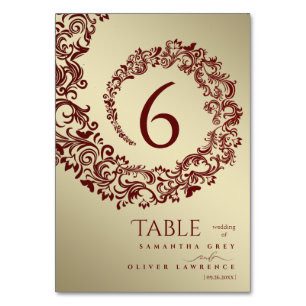 Elegant Red and Gold Damask Wedding Table Number 