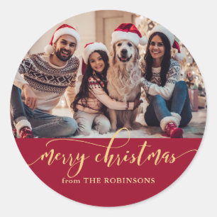 Elegant Red and Gold Family Photo Christmas Classic Round Sticker