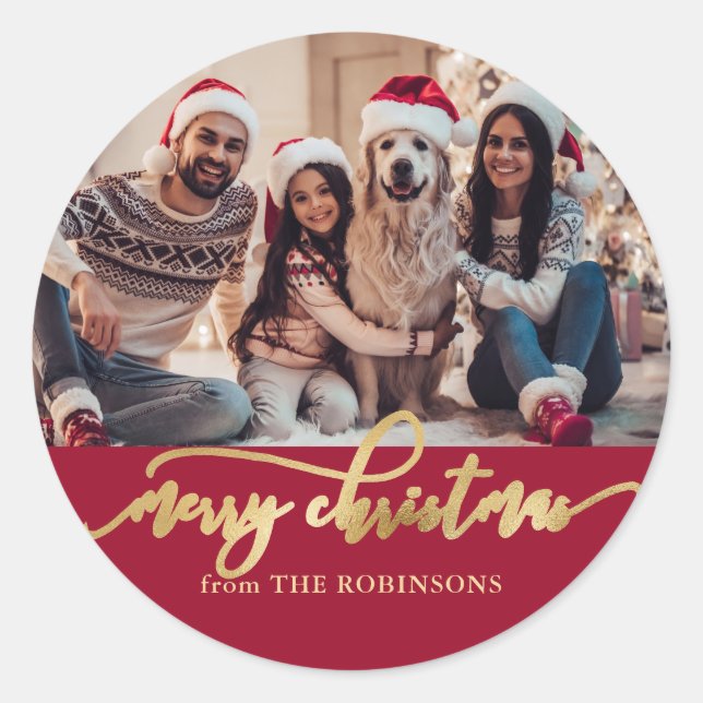 Elegant Red and Gold Family Photo Christmas Classic Round Sticker (Front)