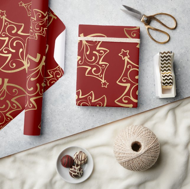 Elegant Red and Gold Faux Foil Christmas Tree Wrapping Paper (Crafts)