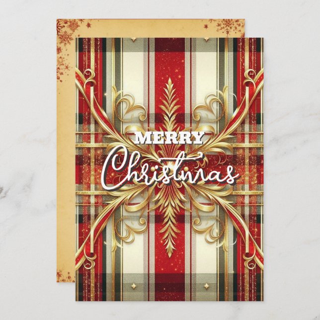 Elegant Red and Gold Festive Plaid  Holiday Card (Front/Back)