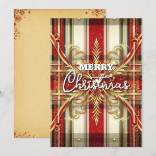 Elegant Red and Gold Festive Plaid  Holiday Card
