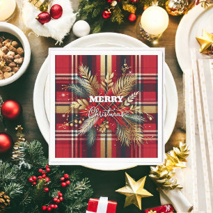 Elegant Red and Gold Festive Plaid Napkin