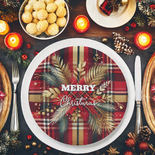 Elegant Red and Gold Festive Plaid Paper Plate