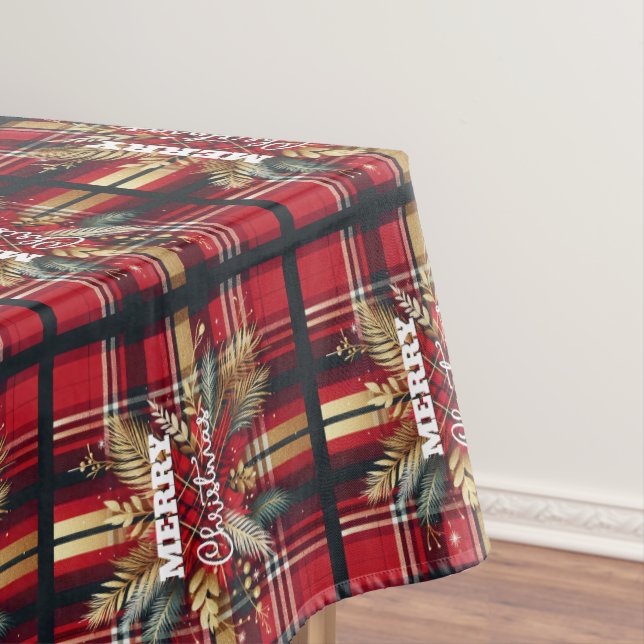 Elegant Red and Gold Festive Plaid  Tablecloth (In Situ)