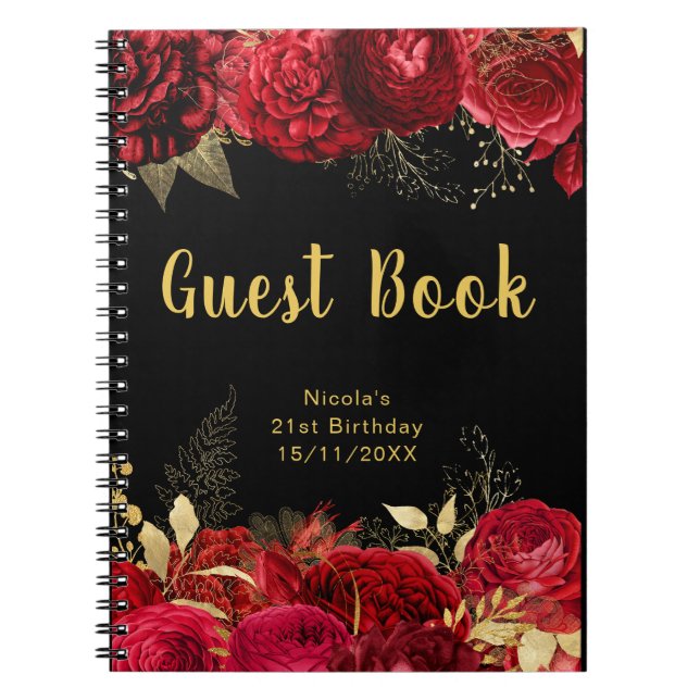 Elegant Red and Gold Flowers Birthday Guest Book (Front)