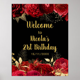 Elegant Red and Gold Flowers Birthday Part Welcome Poster