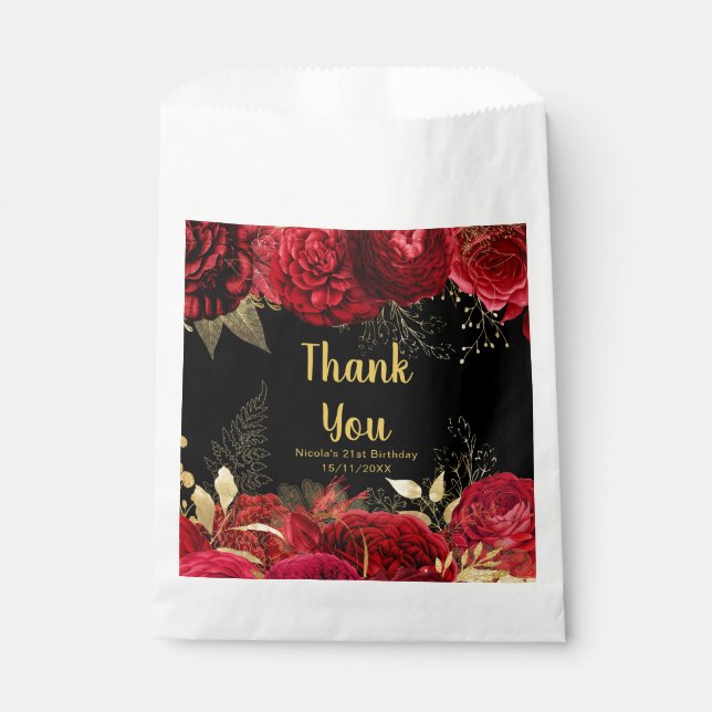 Elegant Red and Gold Flowers Birthday Party Favour Bag (Front)