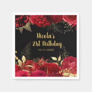 Elegant Red and Gold Flowers Birthday Party Napkin