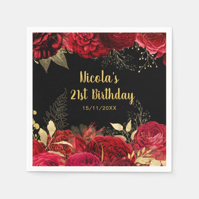 Elegant Red and Gold Flowers Birthday Party Napkin (Front)