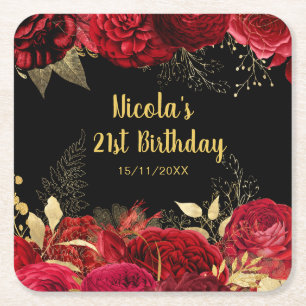 Elegant Red and Gold Flowers Birthday Party Square Paper Coaster