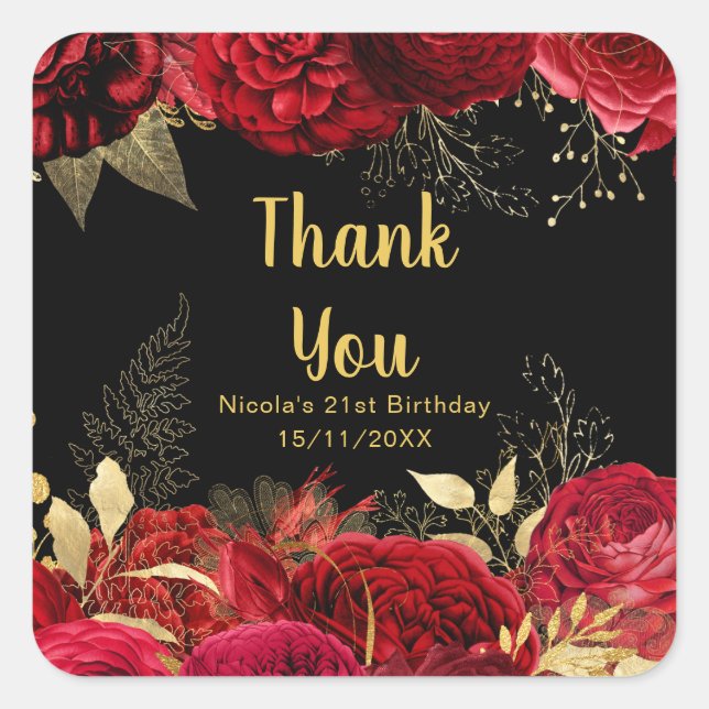 Elegant Red and Gold Flowers Birthday Party Square Sticker (Front)