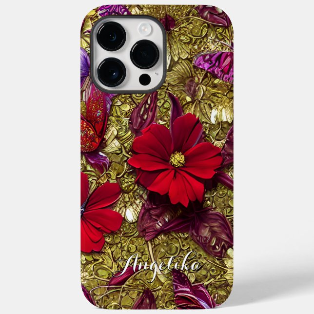 Elegant Red and Gold Flowers Personalised Name Case-Mate iPhone Case (Back)