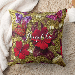 Elegant Red and Gold Flowers Personalised Name Cushion