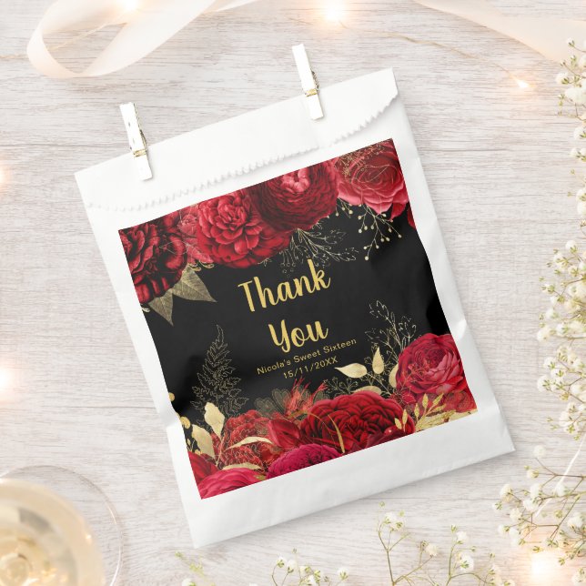 Elegant Red and Gold Flowers Sweet Sixteen Favour Bag (Clipped)