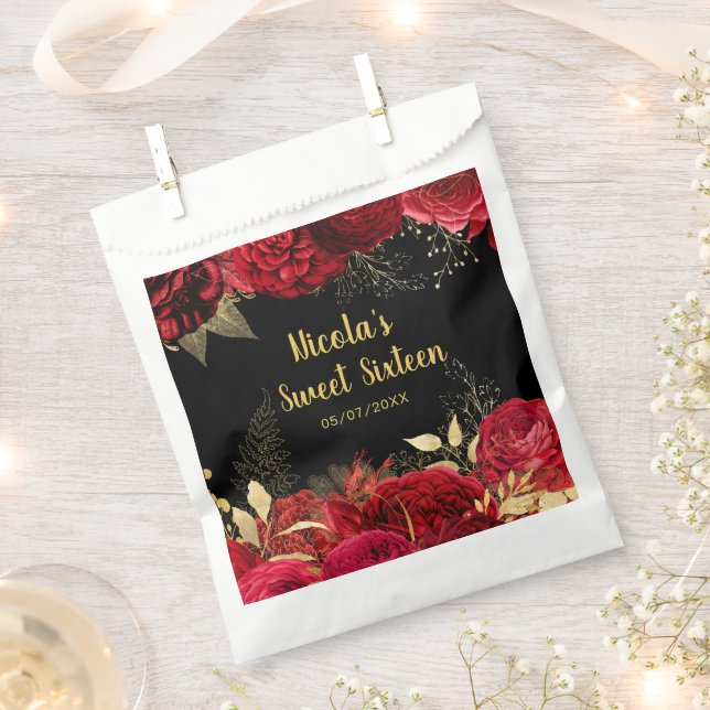 Elegant Red and Gold Flowers Sweet Sixteen  Favour Bag (Clipped)