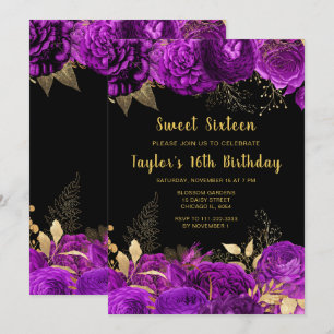 Elegant Red and Gold Flowers Sweet Sixteen Invitation
