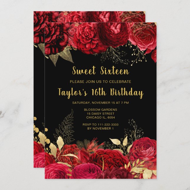 Elegant Red and Gold Flowers Sweet Sixteen Invitation (Front/Back)