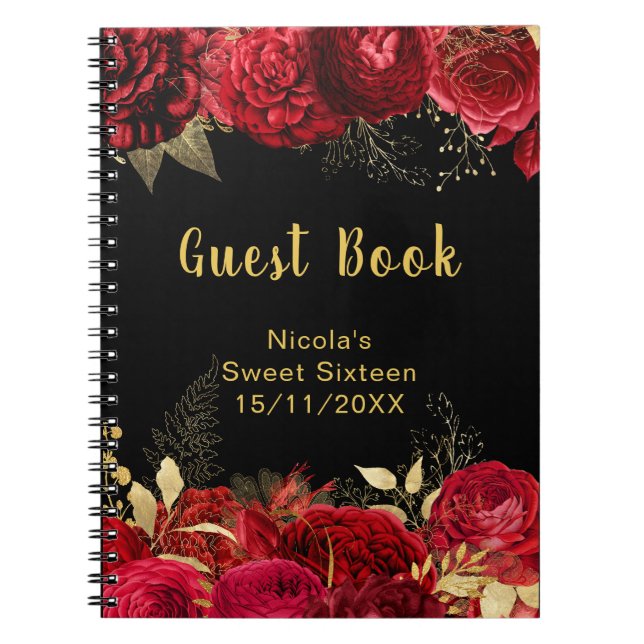 Elegant Red and Gold Flowers Sweet Sixteen Notebook (Front)