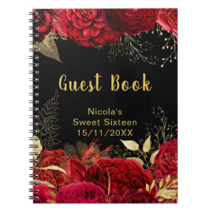 Elegant Red and Gold Flowers Sweet Sixteen Notebook